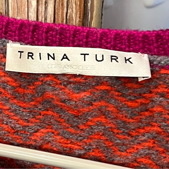Trina Turk Wool Zigzag Crew Neck Sweater - Pink, Orange, and Gray - Picture 4 of 8